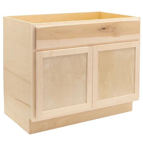 Quicklock RTA (Ready-to-Assemble) | Base Kitchen Cabinets - Shaker Style | Made in America (Raw Maple, 36' Wx34.5 Hx24 D Sink Base)