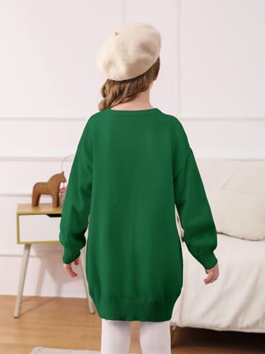 Image of Haloumoning Girls Sweater Dress Casual Crewneck Knit Long Sleeve Fall Winter Dress Pullover 5-14Y Army Green