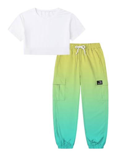 Betusline Girls 2 Piece Outfit Set, Short Sleeve Crop Top & Cargo Jogger Pants Trendy Casual Clothes, Girl Clothes Set,4T-14Y