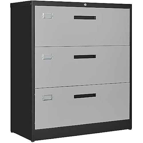 Letaya File Cabinet with Lock-Lateral 3 Drawer Metal Filing Cabinets-Organization Storage for Home Office-Hanging Letter/Legal/F4/A4 Size (Grey Black)