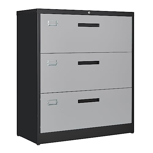 Image of Letaya File Cabinet with Lock-Lateral 3 Drawer Metal Filing Cabinets-Organization Storage for Home Office-Hanging Letter /Legal /F4 /A4 Size (Grey Black)