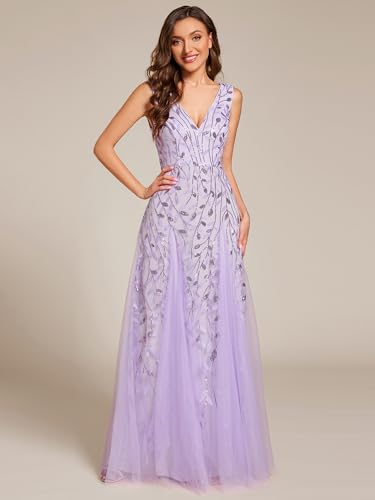 Image of Ever-Pretty Women's Prom Dresses V Neck Sleeveless Tulle Hem A-Line Sequins Maxi Ball Gowns 02130