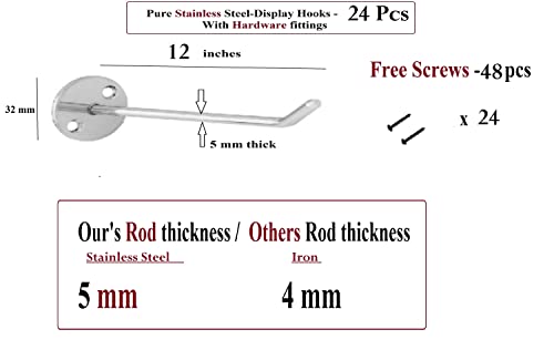 Image of Q1 Beads 24 Pack 12 inch Stainless Steel Wall Mount Display Hooks for Mobile Shop, Retail Shop, Supermarket, Combo Pack with Hardware Fittings(12 Inches, Pack of 24)
