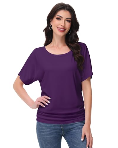 Women's Dolman Top Boat Neck Short Sleeve Solid Tees Casual T Shirt with Side Shirring Detail2