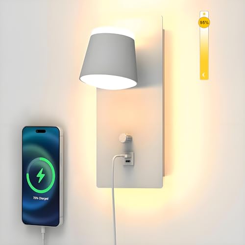 Sytmhoe Applique Per Parete Bianca Con Interruttore Incorporato Usb Tipo C, Dimmerabile Ruotabile 3000K 16W Led Moderne Lampada a Muro Cameretta Bambino Scale Interne Cucina Salotto Camera Da Letto