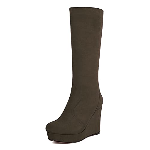 MERRORI Womens Knee High Boots Fashion Platform Round Toe Zip Night Club Suede Wedge High Heel Mid Calf Boots 4 Inch