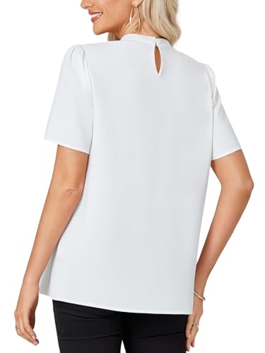 Rooscier Women's Mock Neck Short Sleeve Ruched Front Elegant Workwear Blouse Shirt Top2