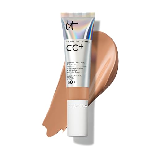 IT Cosmetics CC+ Cream (Tan) - Natural Full Coverage Foundation With SPF 50+, Color Corrector & Anti-Aging Hydrating Serum, Hyaluronic Acid + Peptides, Lightweight - 1.08 fl oz