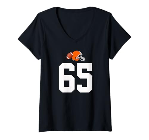 Damen American Football Helm Style Vintage Nummer 65 T-Shirt mit V-Ausschnitt