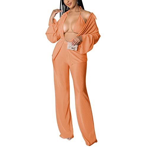 3 Peice Womens Outfit - Ribbed Casual Loose Tracksuit Long Sleeve Pleated Cardigan + Sexy Bra + Pants Sets Sweatsuit Orange #TOP9