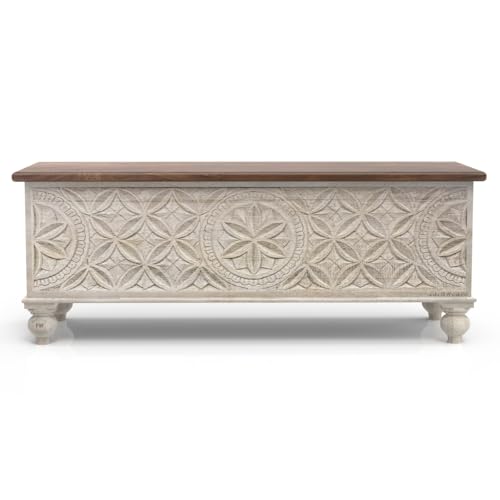 Image of Wooden Trunk Box for Storage | Solid Wood Coffee Table for Living Room | Handcrafted Center Tea Table with Sandook Storage for Living Room | Pitara for Home & Bedroom (Off White Distress)