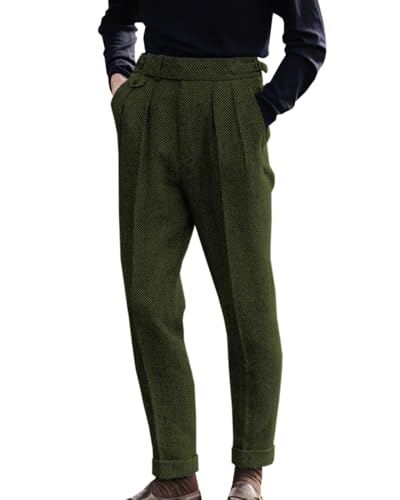 Image of Men's Herringbone Tweed Dress Pants Regular Fit Vintage Wool Trousers