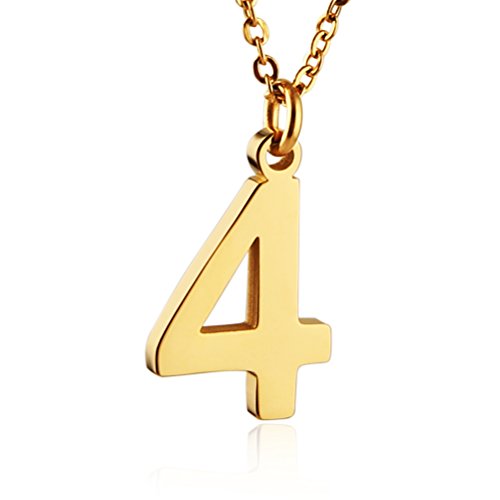 HZMAN Womens Stainless Steel Number 0-9 Charms Pendant Necklace 2 Colors Gold Silve (4 - Gold)