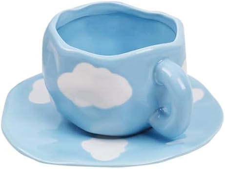 Koythin Ceramic Coffee Mug with Saucer Set, Cute Cloud Coffee Mug and Cup for Office and Home, Blue Sky and White Clouds Cups, 10 oz/300 ml for Latte Tea Milk