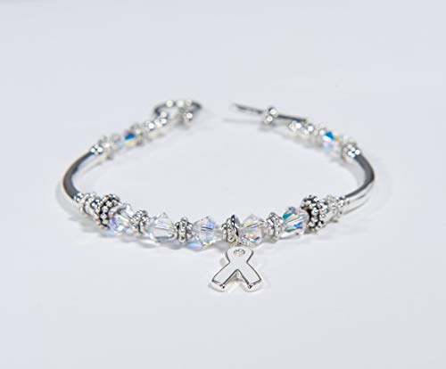 White or Pearl Ribbon Awareness Charm Bracelet: Swarovski Crystals for Lung Cancer, Emphysema