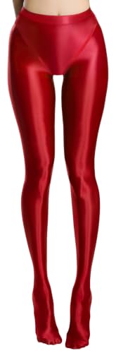 Image of FEOYA Women's Open Crotch Oil Shiny Pantyhose High Waist Control Top Silky Oily Crotchless Footed Tights Stockings