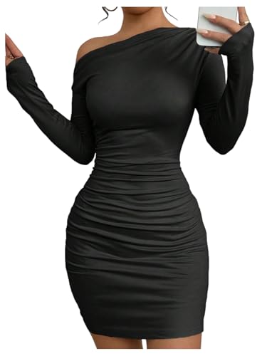 فستان قصير ضيق غير متماثل باكمام طويلة مكشكش للنساء من جورجليتر، لون اسود، مقاس M