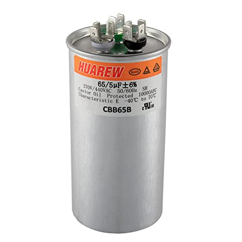HUAREW 65/5 uF 65+5 MFD ±6% 370V/440V CBB65B AC Capacitor Dual Run Round Capacitor Replacement 65 5 uF MFD 370 440 Volt VAC for AC Unit Fan Motor Start or Heat Pump or Condenser Straight Cool