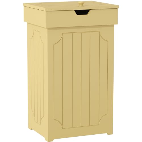 Function Home Trash Can Cabinet, 13 Gallon Kitchen Garbage Can, Wooden Recycling Trash Bin, Dog Proof Trash Can, Trash Cabinet with Lid for Home Kitchen Bathroom, Yellow