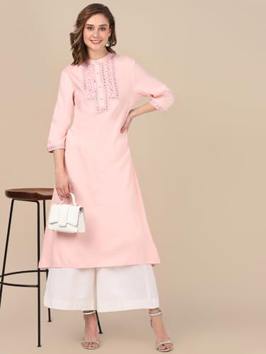 Image of rangita Women's Rayon Relaxed Fit A Line Calf Length Embroide A-Line Kurti | Kurta