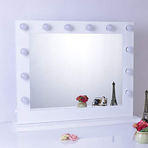 Chende Hollywood Mirror with Ligths, Large LED Lighted Makeup Mirror for Bedroom Vanity, 31.5 x 25.6 Inch White Gloss Metal Frame with Dimmer and Socket, Free 14 Replaceable LED Bulbs
