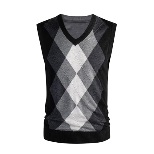 Mens Argyle Knitwear Vest V Neck Sleeveless Casual Slim Fit Pullover Knitted Sweater Lightweight Soft Vests Waistcoat