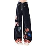 kakarin choyx Y2K Fashion High Waist Straight Leg Jeans for Women Cute Printed Plaid Casual Baggy Denim Pants S Vintage Blue