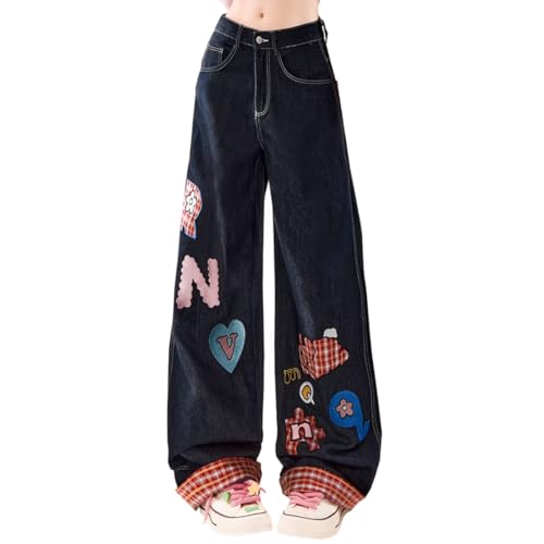 Y2K Fashion High Waist Straight Leg Jeans for Women Cute Printed Plaid Casual Baggy Denim Pants