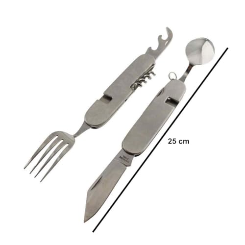 Kit Talher Retrátil Inox 6 Em 1 Garfo Faca Colher Abridor Latas Para Camping Trilha Marmita Passeio
