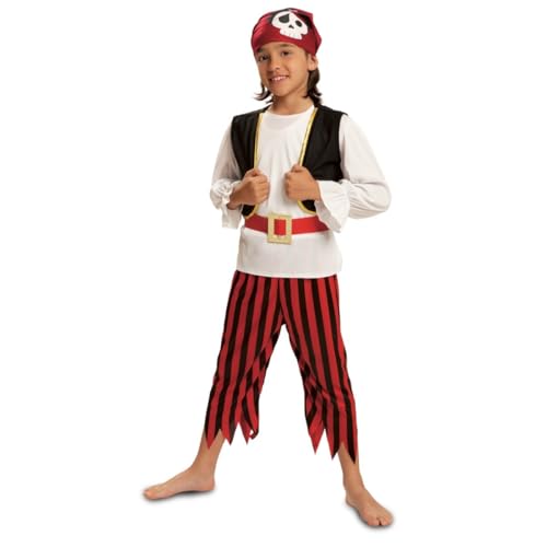 My Other Me   Disfraz Pirata Niño, talla 10 12 años.Incluye pañuelo rojo con calavera, camisa blanca,chaleco negro con ribete dorado,cinturón con hebilla dorada y pantalón a rayas rojas y negras.