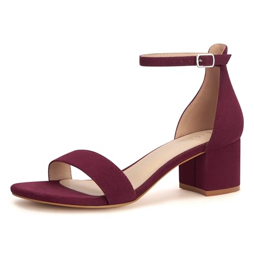 PARTY Women's Open Toe Ankle Strap Low Block Chunky Heels Sandals, Burgundy, 7
