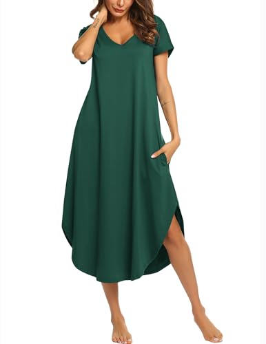 Image of Ekouaer Long Nightgowns for Women Short Sleeve House Dress with Pockets V Neck Sleepshirts Side Split Sleepwear S-4XL