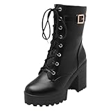Botines para mujer con cordones de tacón bloque plataforma punta redonda botas cortas elegantes estilo británico antideslizante botines tacón alto casual ligeros zapatos otoño invierno, Le Noir, 37 EU