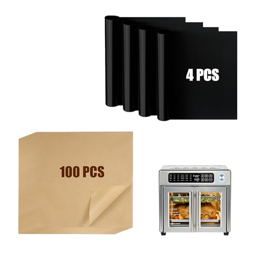 Air Fryer Liners Compatible with Emeril Lagasse 26 QT Extra Large Air Fryer, 100 PCS Unbleached Parchment Paper Disposable with 4 PCS AirFryer Oven Liners for Emeril Lagasse Accessories