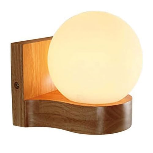 GUOGUOSM Industrial Style Wood Wall Sconce, E26 Screw Hard Wire Connection Wall Light, Creative Round Glass Wall Lamp Lampshade, Bedroom Dining Room Corridor Decorative Light Fixtures