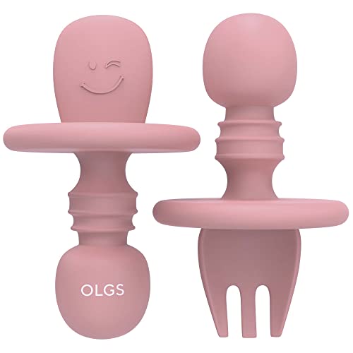 OLGS Silikon Besteck Kinderbesteck 2er Set | Esslernbesteck Babybesteck Babylöffel Baby Gabel Löffel Esslernlöffel BPA-frei Power Rose | Lernlöffel Babygabel Kindergeschirr Fütterungslöffel für Kinder Cover