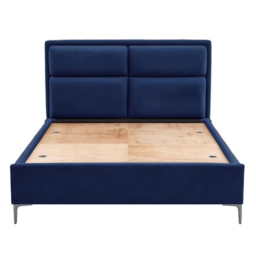 Image of Wakefit Bed | Queen (78 X 60) Solid Wood Bed, Upholstered, Without Storage, 3 Year Warranty - Zewail - Velvet Blue