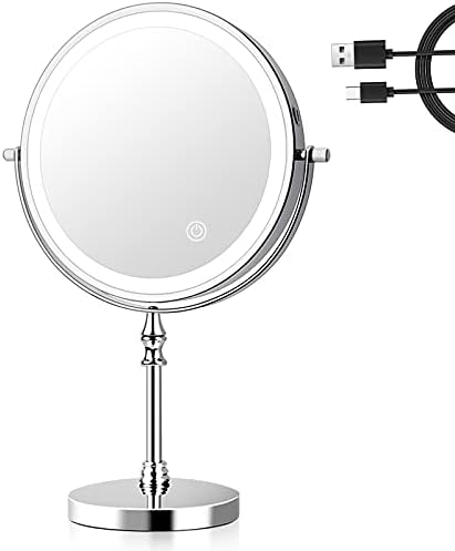 UUCOLOR Makeup Mirror with Lights USB Rechargeable 8 Inch 3 Color Lights Two Sided 1X/10X Magnification LED Vanity Mirror Touch Control Intelligent Shutdown 360°Rotation Light up Mirror Chrome Finish