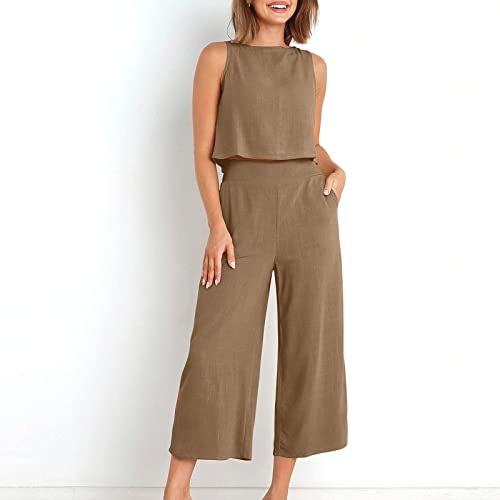 2 Piece Outfits For Women Summer Linen Sleeveless Crop Button Back Tank Top Pocket Wide Leg Capri Pants Set Sets #TOP4