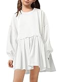 Batermoon Girls Pleated Sweatshirt Dresses Kids Fashion Long Sleeve Crew Neck Mini Dress 5-14 Years White