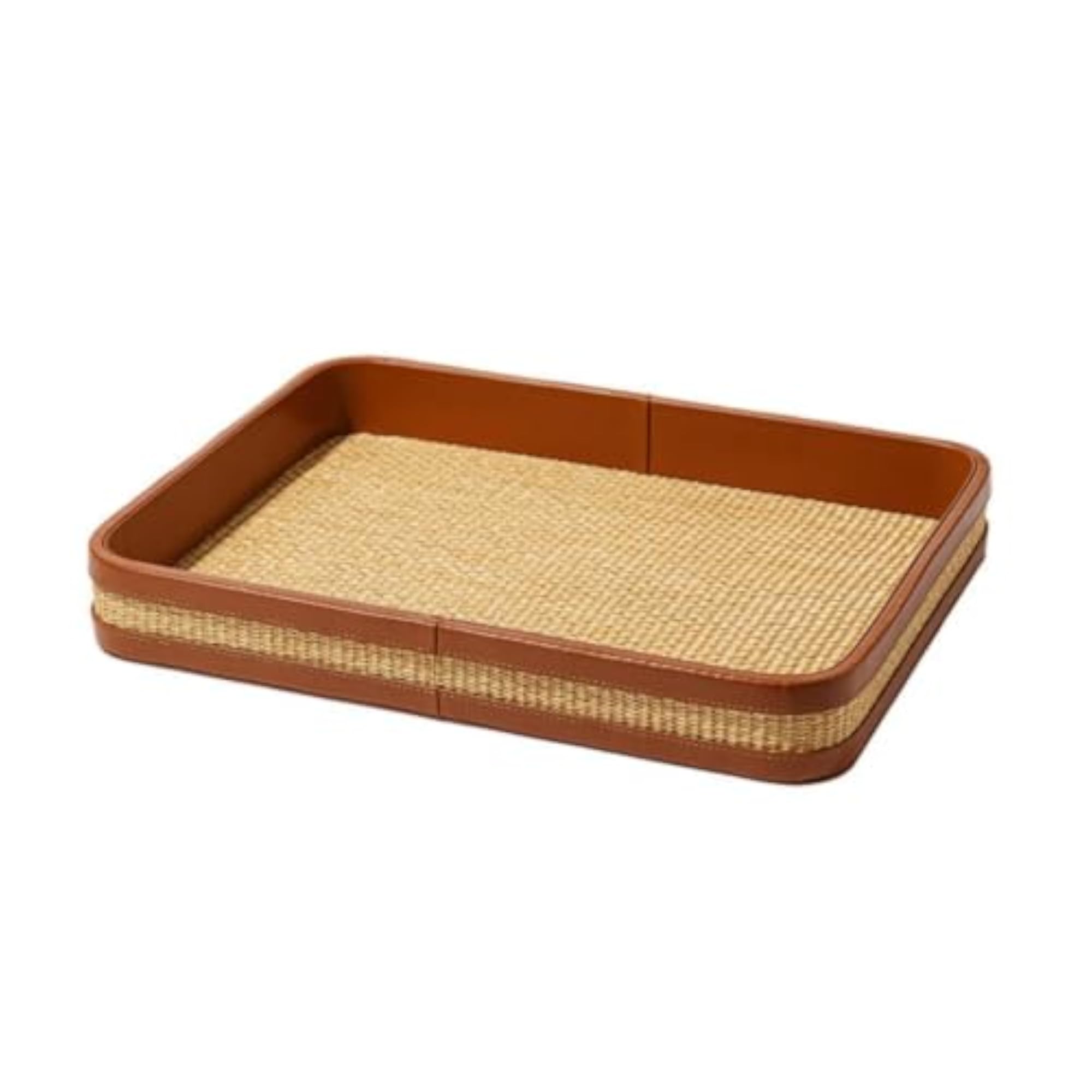 Rectangular Woven Grass Tray, Leather Rim