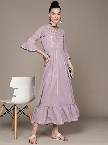 Image of anubhutee Women's Maxi Cotton Lavender Mirror Work Embroidered A-Line Indo Western Dress