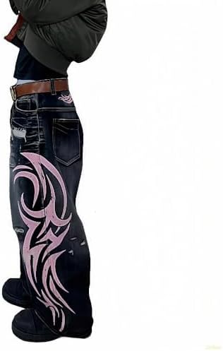 Xojbzoo Unisex Y2K Streetwear Baggy Jeans Retro Totem Print Goth Pants High Waisted Wide Leg Harajuku Hip-Hop Style (Black,Medium)