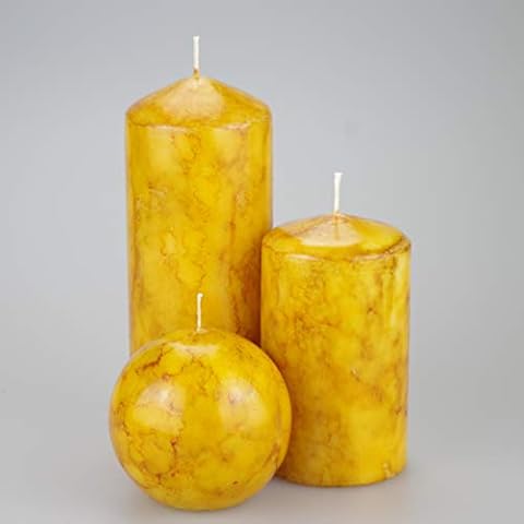 Marble Effect Pillar Candle set of 3 - Mustard (Medium 7cm x 15cm) Cover