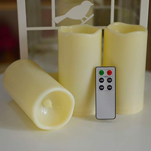 SWEETIME Waterproof Flameless Candles with Timer &Remote Control, Outdoor Battery Operated LED Pillar Candles with Waved Edge Realistic Flickering, Set of 3(D 3"x H 6")