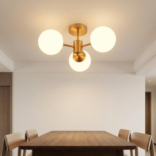 Image of 3 Lights Semi Flush Mount Ceiling Light Mid Century Modern Brass Ceiling Light Milk Glass Sputnik Small Chandelier for Bedroom Dinning Room Foyer Hallway
