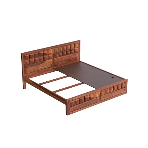 Image of Solid Sheesham Wood King Size Bed Without Storage | Wooden Double Bed Cot Bed for Bedroom Furniture | Palang Double Bed for Hotels | Honey