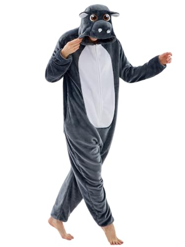JUOLOET Unisex Adult Onesie Pajamas Hippo Animal One Piece Snug Fit Halloween Costume Sleepwear HomewearNew Grey Hippo Large
