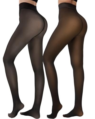 Image of HONGTEYA 2 Pairs Fleece Lined Tights Women - Warm Sheer Pantyhose Fake Translucent Tights Winter Thermal Leggings