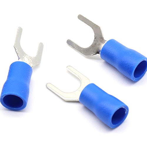 10 pezzi capocorda per cavi forcella in blu 1,5 – 2,5 mm2 foro Ø M6 isolato in PVC morsetto di collegamento capocorda cavo connettore in rame stagnato.